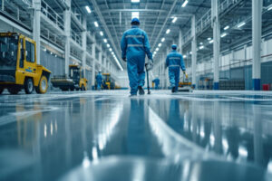 Personen reinigen den Boden einer großen Industriehalle mit professioneller Ausrüstung.