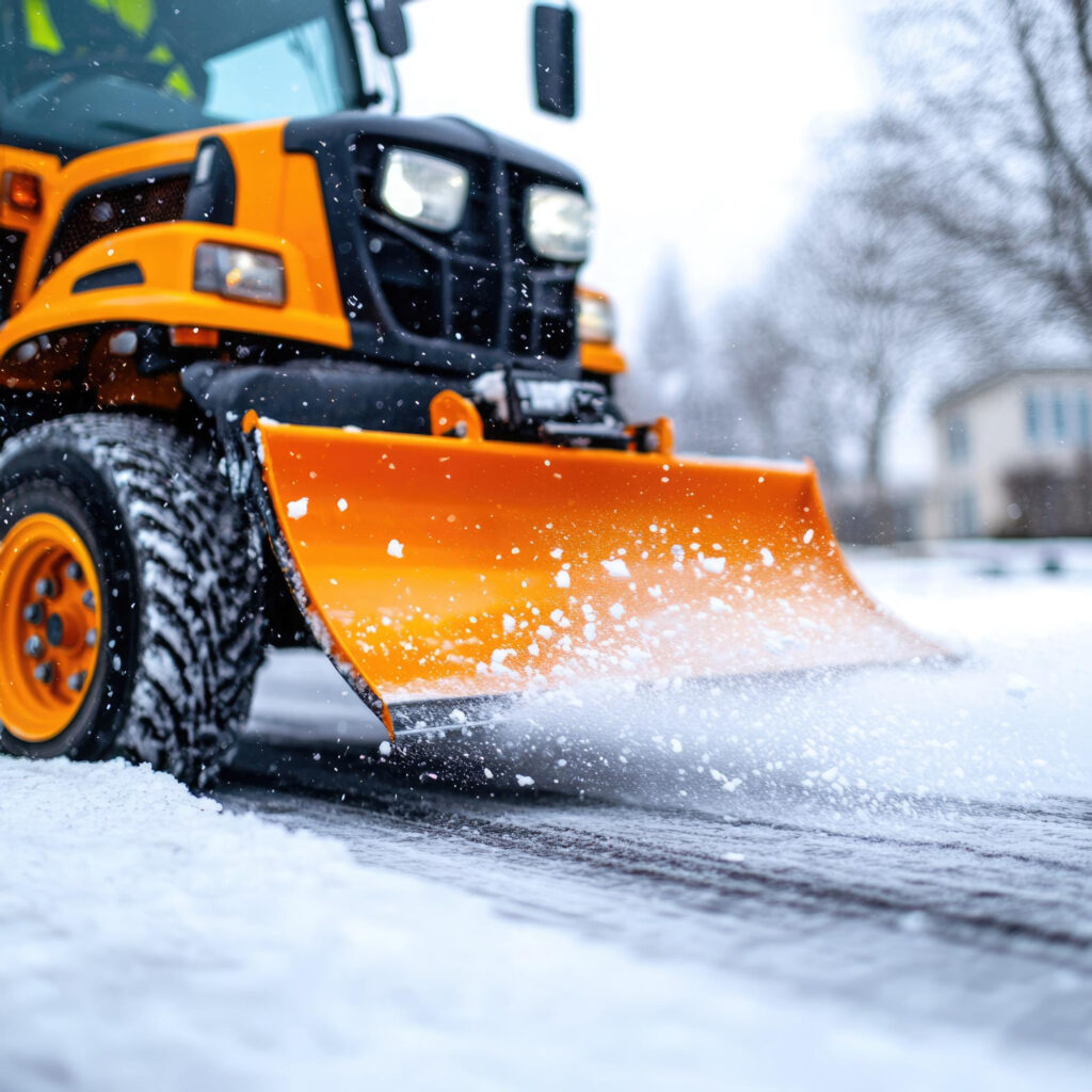 Ein Schneepflug räumt frischen Schnee von einer Straße.