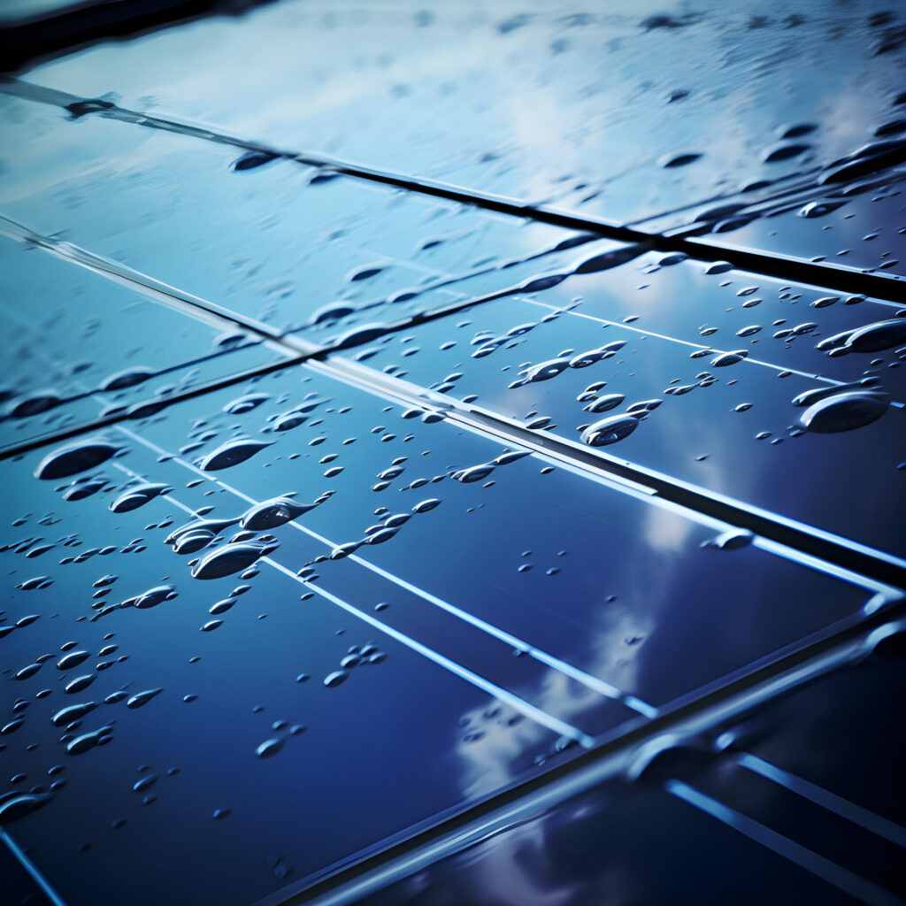 Nahaufnahme eines nassen Solarpanels mit Wassertropfen auf der Oberfläche.