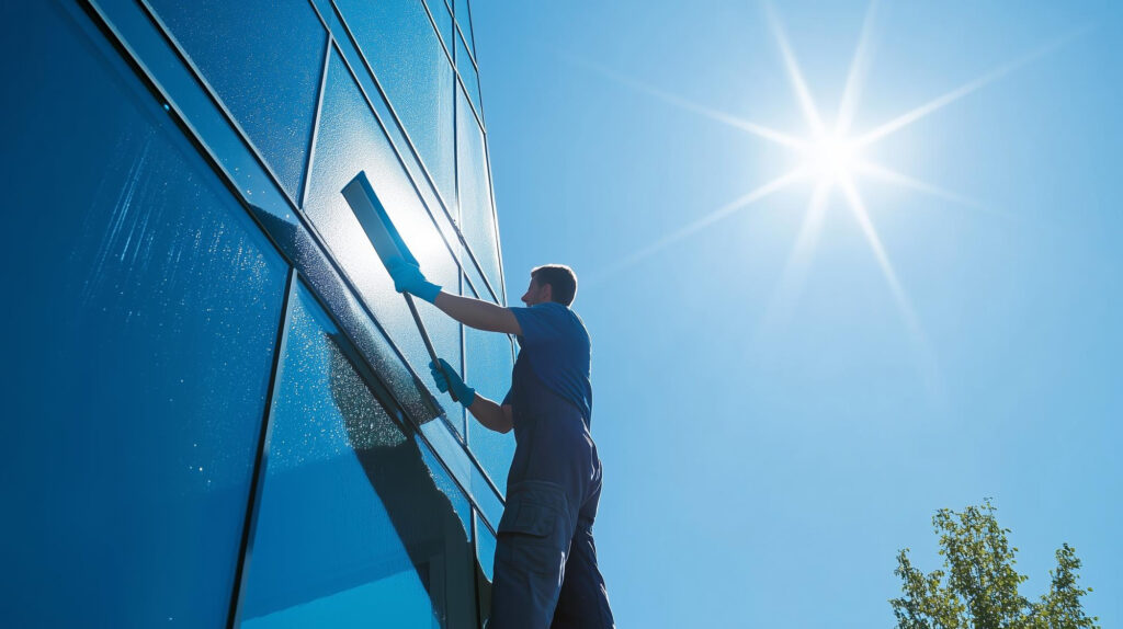 Ein Mann reinig mit einem großen Schwamm eine Glasfront