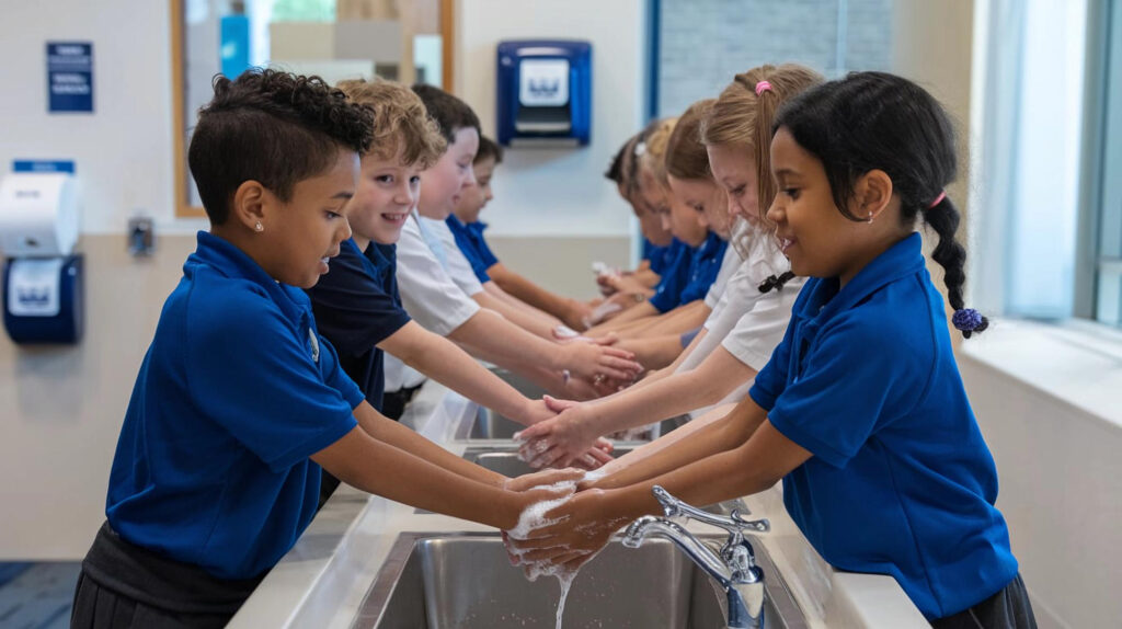 Eine Gruppe von Kindern wäscht gemeinsam die Hände an einer Waschstation.
