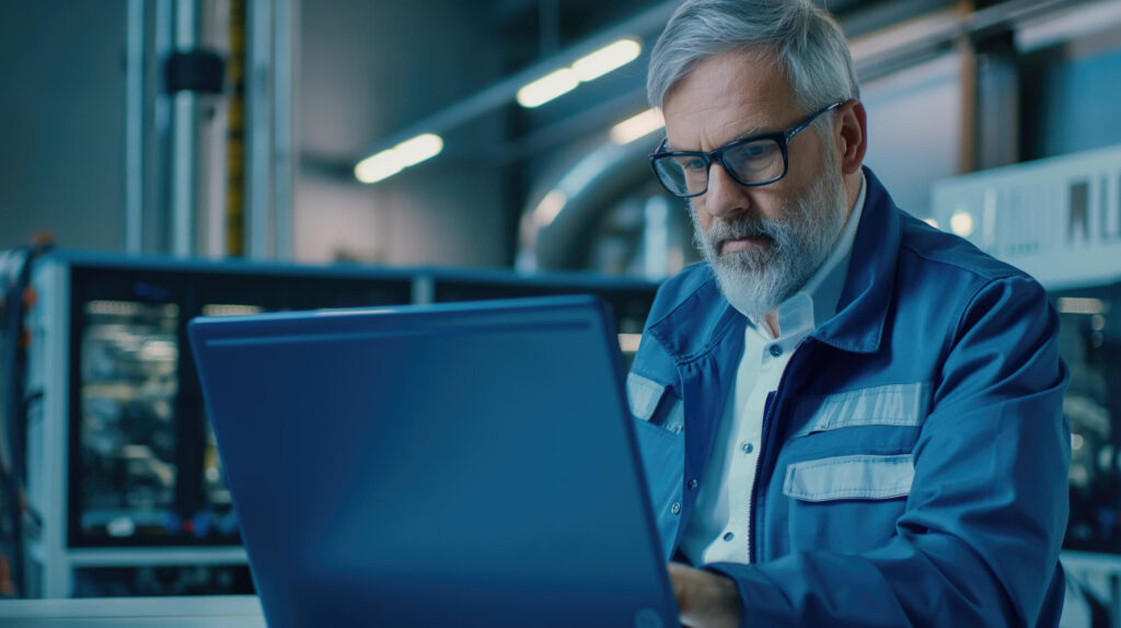 Person arbeitet konzentriert an einem Laptop in einer technischen Umgebung.