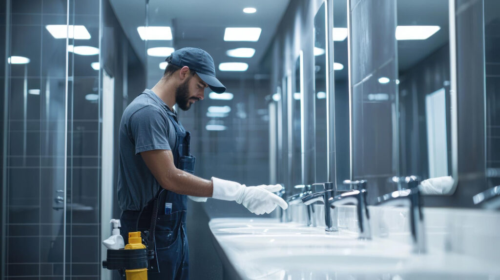 Person reinigt Waschbecken und Armaturen in einem modernen Sanitärraum.