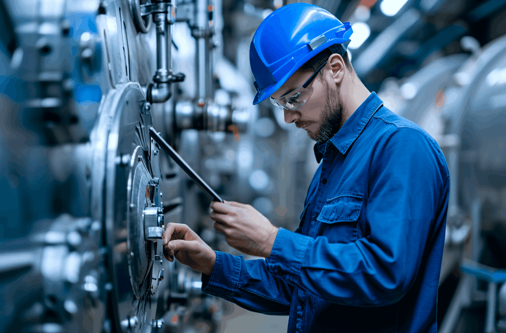 Techniker mit blauem Schutzhelm arbeitet mit Werkzeug an einer Industrieanlage.